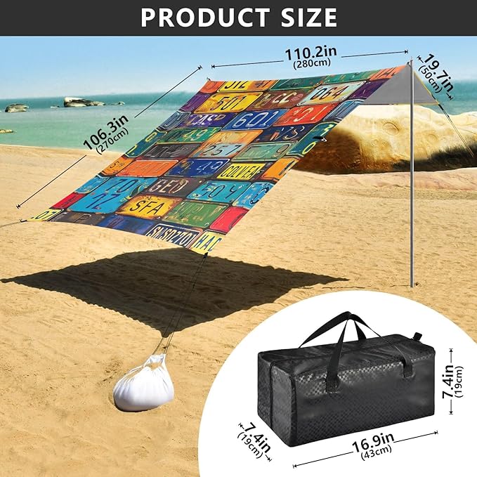 ALAZA Colorful License Plates Beach Tent Sun Shelter Portable Canopy Sunshade for Outdoor Camping Picnics Backyard Fun 10x9 ft