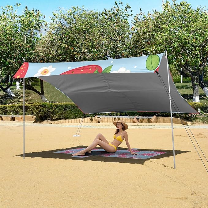 ALAZA Funny Strawberry Green Leaves Flowers on Light Blue Beach Tent Sun Shelter Portable Canopy Sunshade for Outdoor Camping Picnics Backyard Fun 10x9 ft