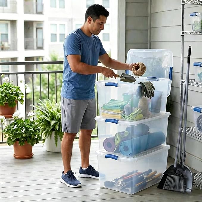 （4-Pack） 66QT Transparent Plastic Storage Box with a Secure Locking Cover Stackable Suitable For Organizing Household Items Garage and Office Use.
