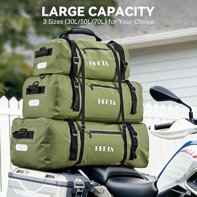 HEETA Waterproof Motorcycle Dry Bag Waterproof Duffel Luggage Travel Bags with Zippered Closure &amp Pocket Shoulder Straps Large Space for Motorcycling Camping Commuting Boating (Green 50L)