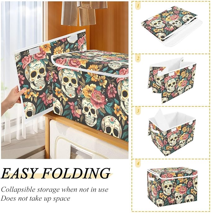 Storage Cube with Lid Mexican Skulls Print 16.5×12.6×11.8 IN Collapsible Large Capacity Foldable Storage Basket Bin Organizer