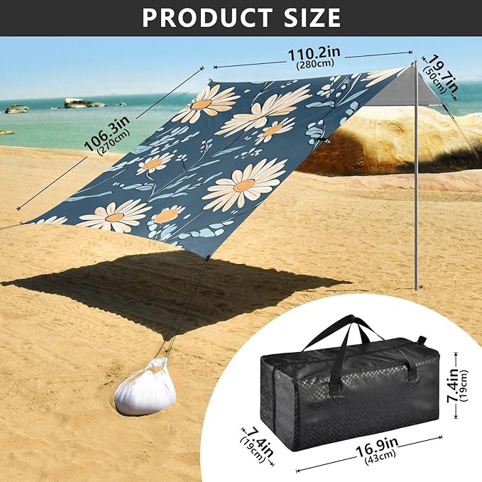 ALAZA Hand Drawn Elegant Daisy Floral Beach Tent Sun Shelter Portable Canopy Sunshade for Outdoor Camping Picnics Backyard Fun 10x9 ft