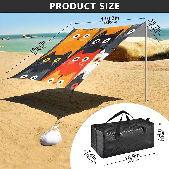 ALAZA Cat White Tile Pattern Beach Tent Sun Shelter Portable Canopy Sunshade for Outdoor Camping Picnics Backyard Fun 10x9 ft