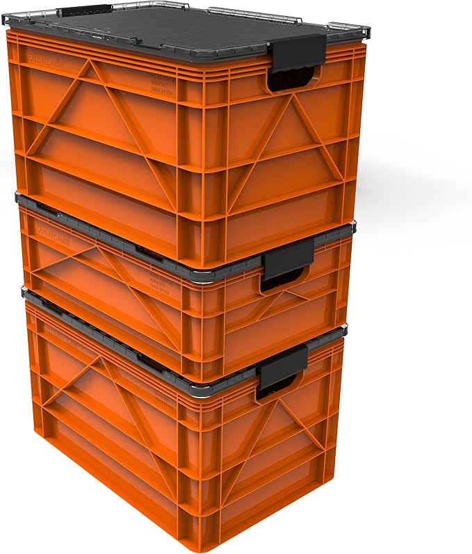 SIDIO CRATE Starter Pack - Two Full Size and One Half Size SidioCrate Stackable Outdoor Organizer Storage Bins with Clear Lid and Dividers - Orange