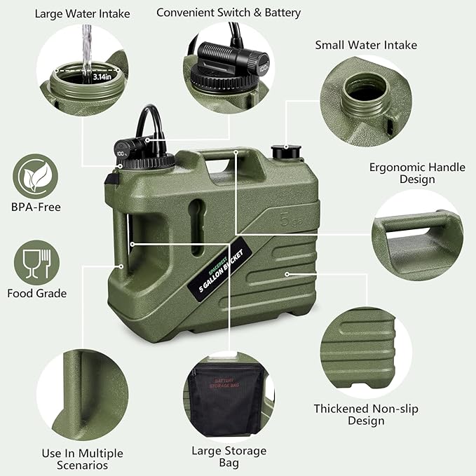 SPACEREST Integrated Camping Shower – Spill Resistant Electric Portable Shower for Camping with 5 Gallon Food-Grade Water Jug Easy to Store for Hiking Beach 7-Mode Shower Head IPX7 Waterproof