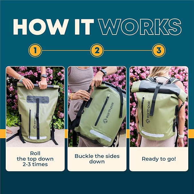 Earth Pak Waterproof Backpack - Heavy Duty Roll-Top Closure with Easy Access Front-Zippered Pocket and Cushioned Padded Back Panel for Comfort with IPX8 Waterproof Phone Case