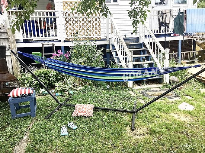 GOCAN Brazilian Double Hammock 2 Person Extra Large Canvas 250x160cm Total Length 350cm Load 500lb Cotton Hammock for Garden Outdoor and Indoor Blue/Green(98 * 65'')