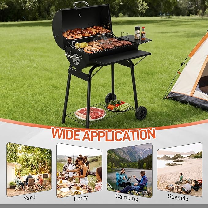 Outvita Barrel Charcoal Grill with Warming Rack Outdoor BBQ Grill with Side Front Table with Nearly 564 Sq.In. Cooking Grid Area for Backyard Patio Picnic Parties Camping Black