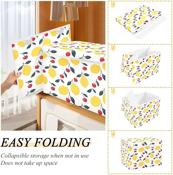 MNSRUU Containers Baskets with Lids Lemon Cherry Fabric Foldable Storage Bins Organizer with Lid Collapsible Storage Boxes for Home Bedroom Closet Office