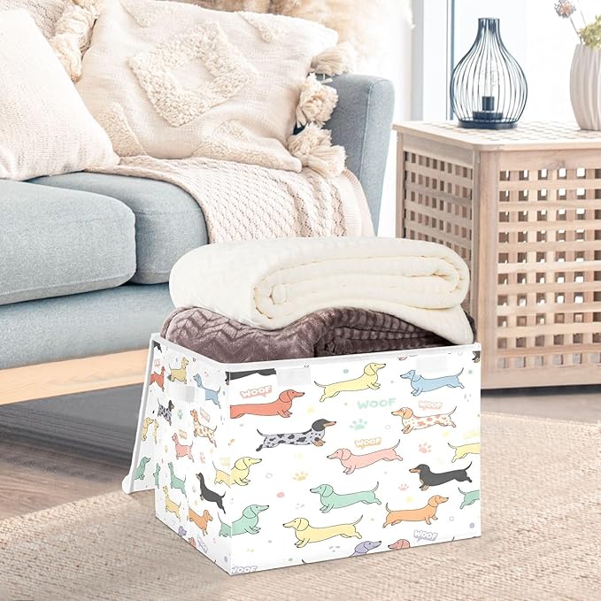 Cute Dachshund Fabric Storage Bins with Lids and Handle Foldable Storage Bins with Lids Closet Organizers for Clothes Storage Room Organization Office Storage Chest Organizer