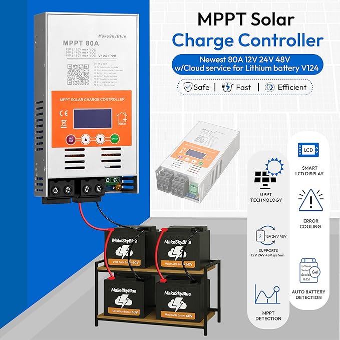 Upgraded V124 80A MPPT Solar Charge Controller 12V/24V/48V AutoMax 160V PV Input LCD Display Compatible with Lithium LiFePO4 AGM Gel Lead-Acid Batteries