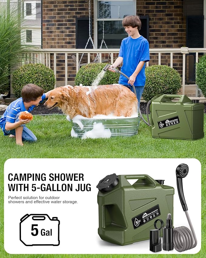 Portable Camping Shower with Water Jug Electric Rechargeable Camping Shower 5-Gallon Food Grade Water Containers Outdoor Camp Pump for Hiking Beach Travel Pet Bath