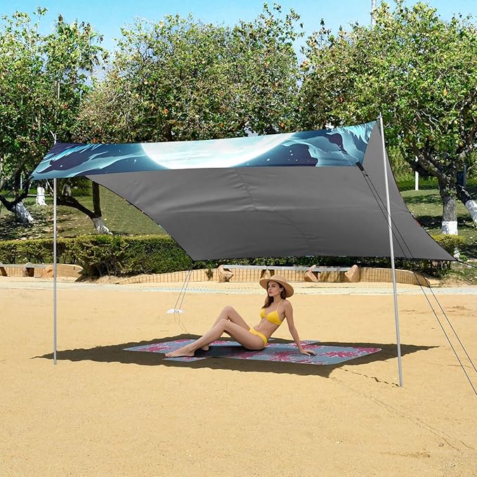 ALAZA Angry Wolf Moon Skull Beach Tent Sun Shelter UPF50+ Protection Beach Shade Canopy w/ 4 Sandbags for Outdoor Camping Fishing Backyard Fun Picnic 10x9 ft