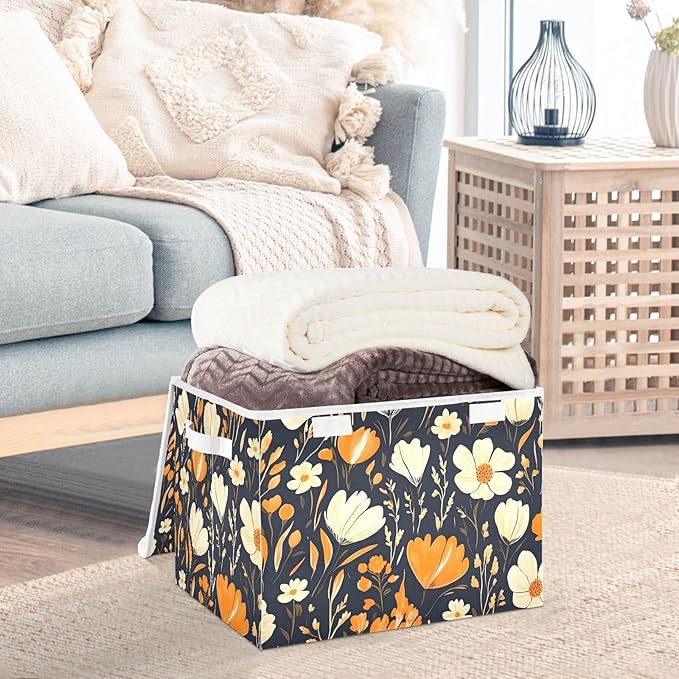 Storage Cube with Lid Cartoon Floral Pattern Print 16.5×12.6×11.8 IN Collapsible Large Capacity Foldable Storage Basket Bin Organizer