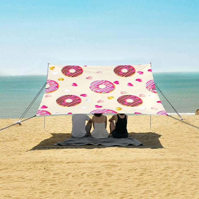 xigua Donut Beach Tent Sun Shelter with Carrying Bag - Silver Coated Oxford Fabric Beach Canopy for Beach Camping Fishing - Includes Windproof Ropes Sandbags &amp Stakes
