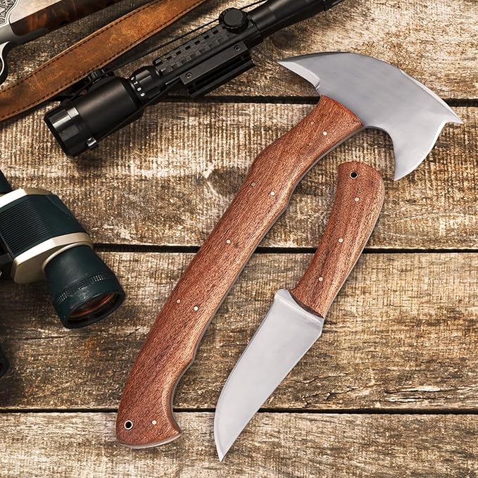 Hand Forged Tomahawk Throwing Axe and Bushcraft Knife Set Heavy Duty D2 Steel Tomahawk Throwing Axe and Bushcraft Knife Set with Leather Sheath Perfect Combo for Outdoorsmen