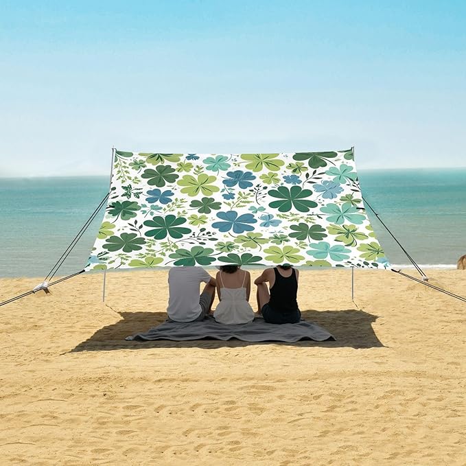 St Patrick's Shamrocks Pattern Beach Tent Sun Shelter Set UPF50+ UV Protection 10.5 x 9.19 FT Camping Shade Canopy with Sandbags Sand Anchors Carrying Bag and Others