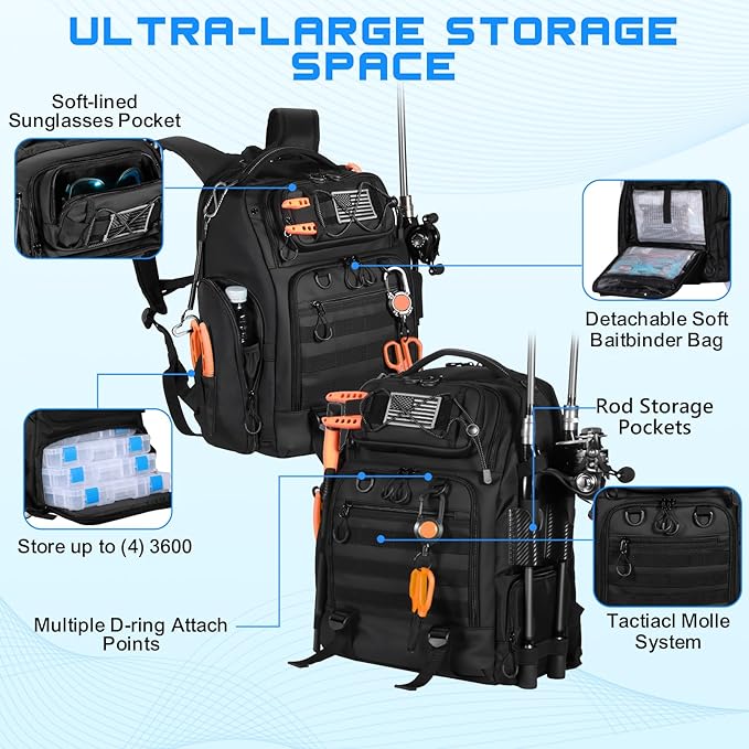 50L Fishing Tackle Backpack with Removable Lure WrapsInclude (4) 3600 Tackle Boxes 2 Rod Holders Storage Fishing Gear and Equipment
