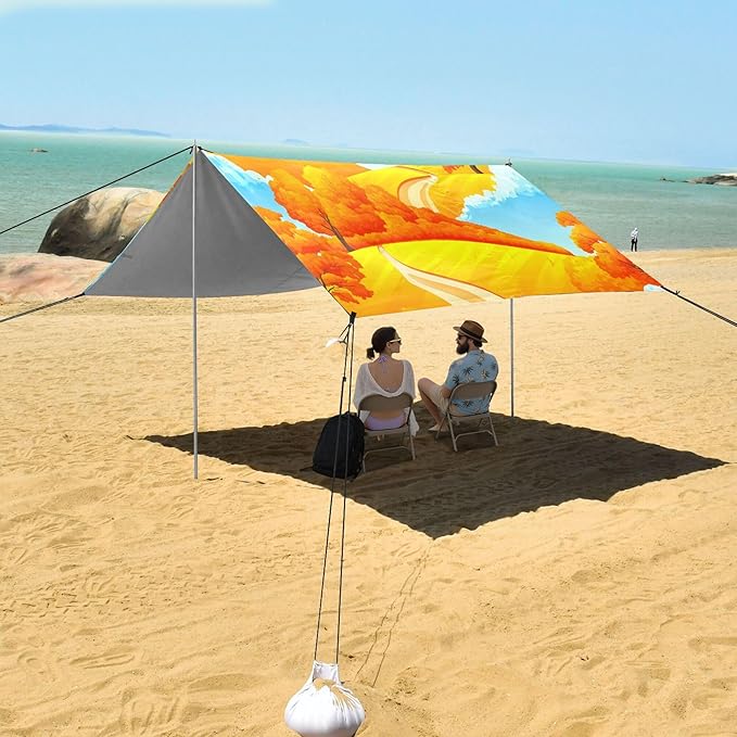 Autumn Beach Canopy Sun Shelter with Sandbags &amp Sand Shovel &amp Windproof Ropes - Portable 110x126 Beach Shade Beach Tent for Camping Picnics