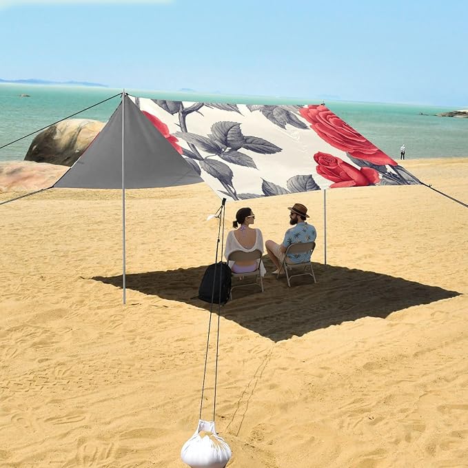 ALAZA Botanical Rose Red Flower Beach Tent Sun Shelter Portable Canopy Sunshade for Outdoor Camping Picnics Backyard Fun 10x9 ft