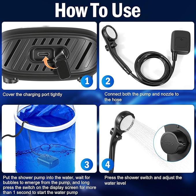 Portable Shower for Camping 2400mAh Rechargeable Camping Shower Pump 4 Shower Modes IPX8 Waterproof Outdoor Shower with LED Display for Hiking Travel Pet and Watering Plants