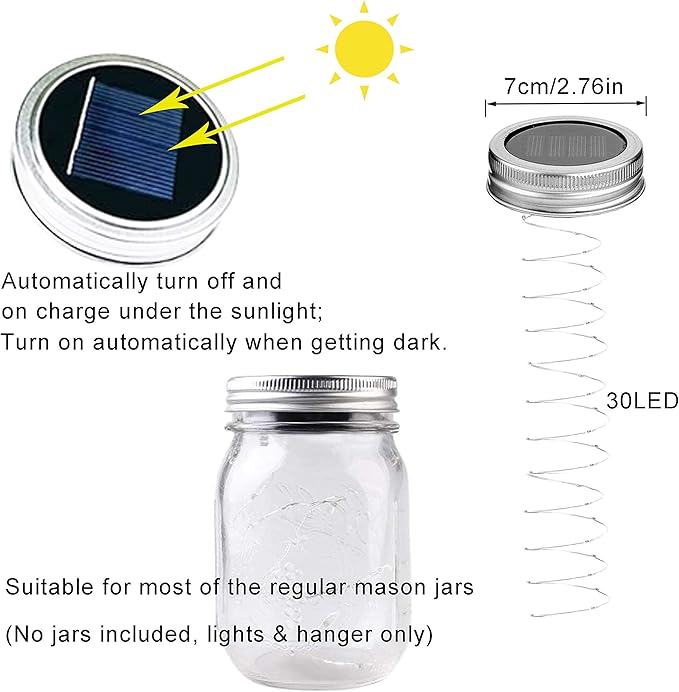 Solar Mason Jar Lid Lights 10 Pack 30 LED Waterproof Firefly Fairy Lights with Hangers(No Jars) Outdoor Starry String Lights for Patio Yard Garden Wedding Lantern Decor (Cool White)