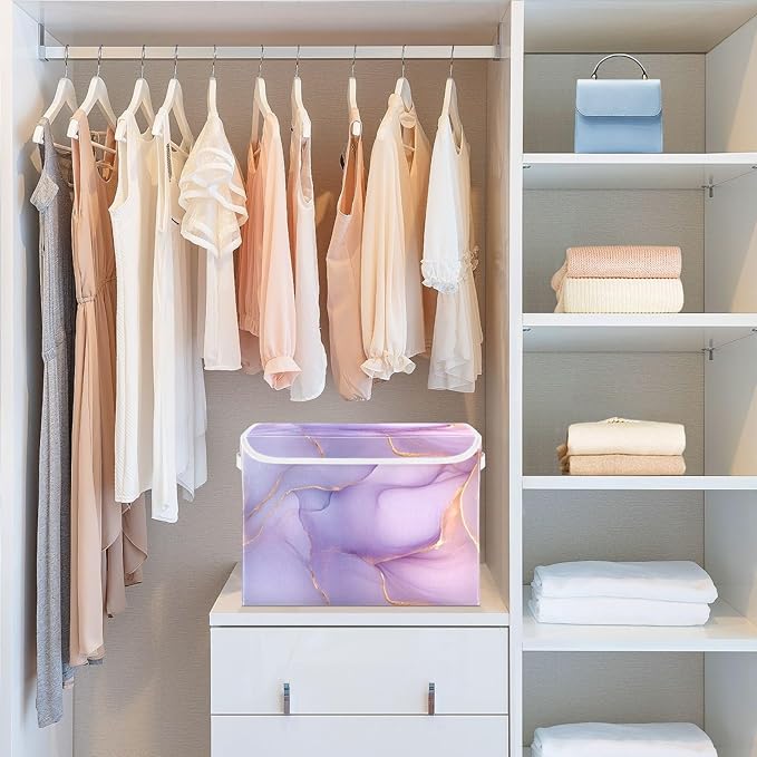 Storage Cube with Lid Luxurious Marble Print 16.5×12.6×11.8 IN Collapsible Large Capacity Foldable Storage Basket Bin Organizer