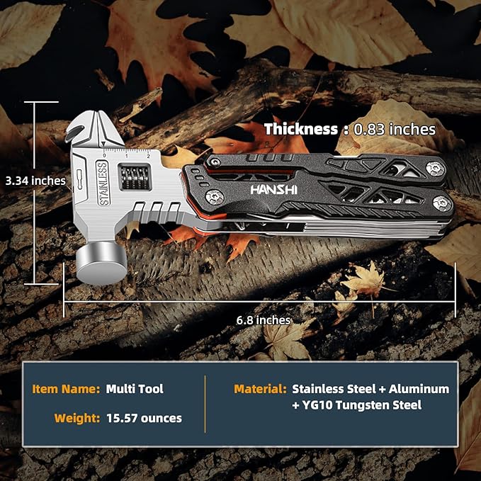 HANSHI Upgraded Adjustable Wrench Multitool Hammer with YG10 Tungsten Steel Replaceable Wire Cutters for Men18 in 1 Pocket Multi Tool Knife with Spring-Action Pliers for CampingSurvival (Black)