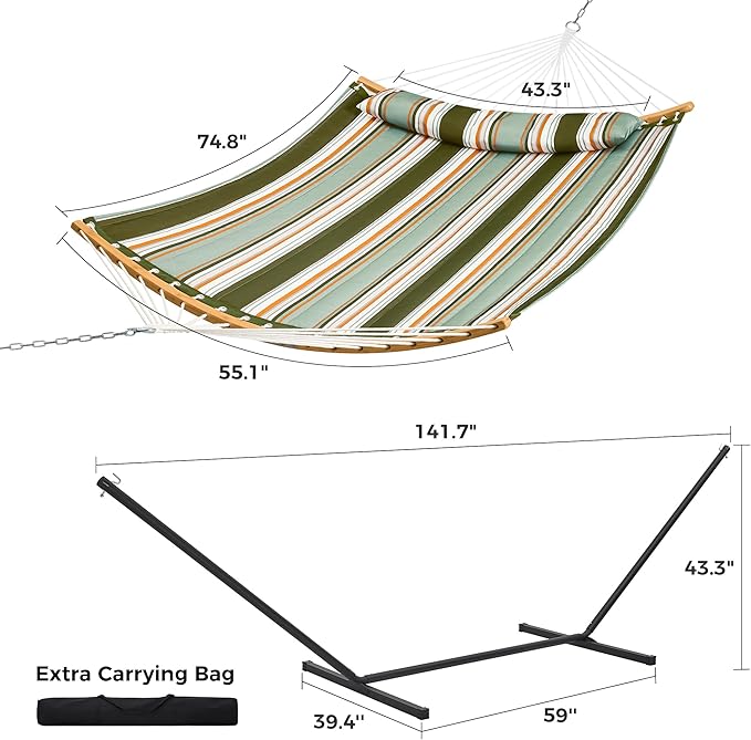 SUPERJARE Hammock with Stand 2 Person Heavy Duty Hammock with Padded Cotton Detachable Pillow &amp Strong Curved-Bar &amp Portable Carrying Bag Perfect for Outdoor &amp Indoor Retro Green