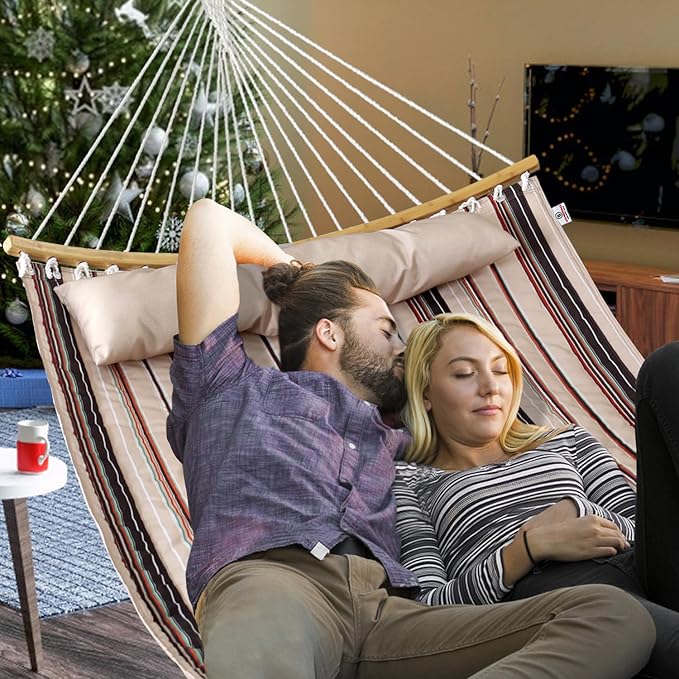 Double Hammock 11 FT Quilted Fabric 2 Person Hammock for Outside with Pillow Folding Curved Spreader Bar Chains Carrying Bag Indoor Outdoor 450 IB Capacity Havana Brown