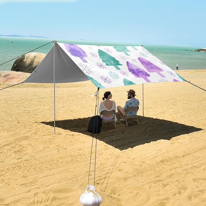xigua Tree Snowflake Beach Tent Sun Shelter with Carrying Bag - Silver Coated Oxford Fabric Beach Canopy for Beach Camping Fishing - Includes Windproof Ropes Sandbags &amp Stakes