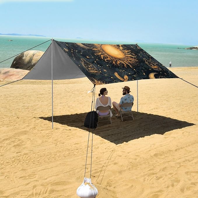 ALAZA Sun Moon Stars Constellations Witchery Beach Tent Sun Shelter UPF50+ Protection Beach Shade Canopy w/ 4 Sandbags for Outdoor Camping Fishing Backyard Fun Picnic 10x9 ft