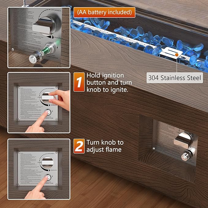 2-Piece 42 Rectangular Propane Fire Pit for Outside Patio with Hidden Tank Table 50000 BTU Fireplaces with Glass Wind Guard Lid Glass Rocks Cover(Walnut Wood Grain)