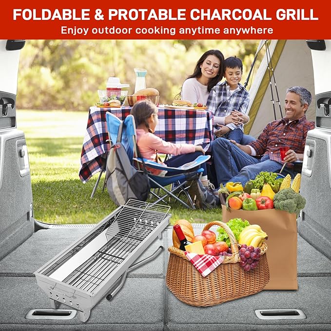 Outvita Portable Charcoal Grill 28x 13 x 27 Foldable Barbecue Grill Stainless Steel BBQ Grill for Outdoor Cooking Camping Hiking Picnic Garden Beach Party