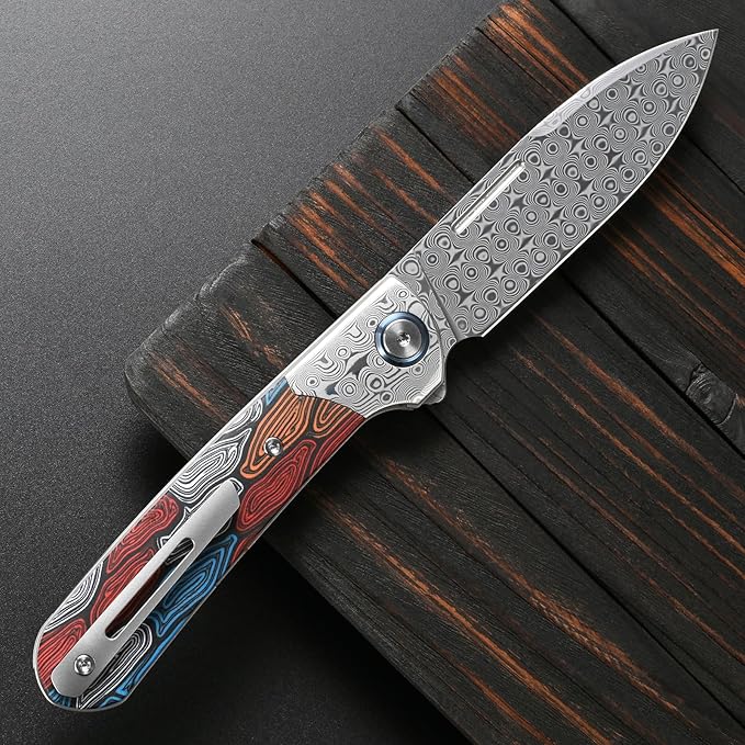 Sitivien ST256 Damascus Steel Folding KnifeDamascus Blade with Colorful G10 Handle EDC Knife for Outdoor CampingHiking Fishing(Color) … …