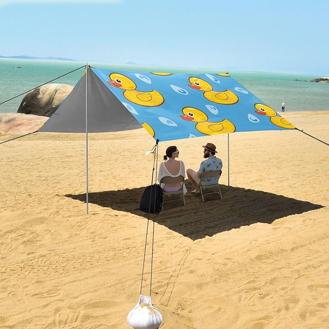 ALAZA Yellow Duck Blue Beach Tent Sun Shelter UPF50+ Protection Beach Shade Canopy w/ 4 Sandbags for Outdoor Camping Fishing Backyard Fun Picnic 10x9 ft