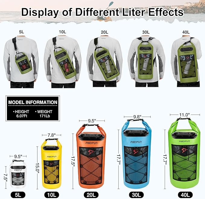 Piscifun Dry Bag Waterproof Floating Backpack 10L/20L/30L/40L with Waterproof Phone Case for Boating Kayaking Fishing