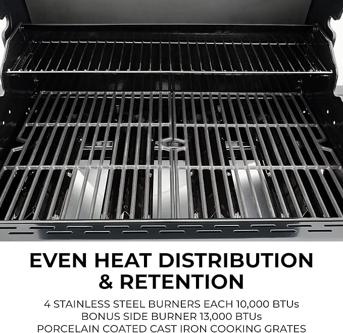 Kenmore 4-Burner Gas Grill with Side Burner Outdoor BBQ Grill Propane Gas Grill Cast Iron Cooking Grates Electronic Ignition Warming Rack Open Cart Design 53000 BTUs Black