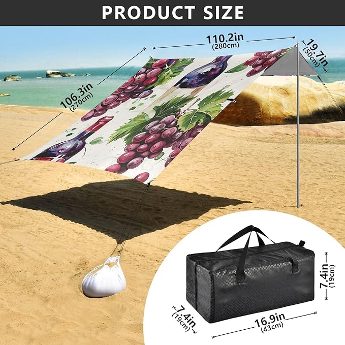 ALAZA Watercolor Red Wine Bottle Grape Seamlss Beach Tent Sun Shelter Portable Canopy Sunshade for Outdoor Camping Picnics Backyard Fun 10x9 ft