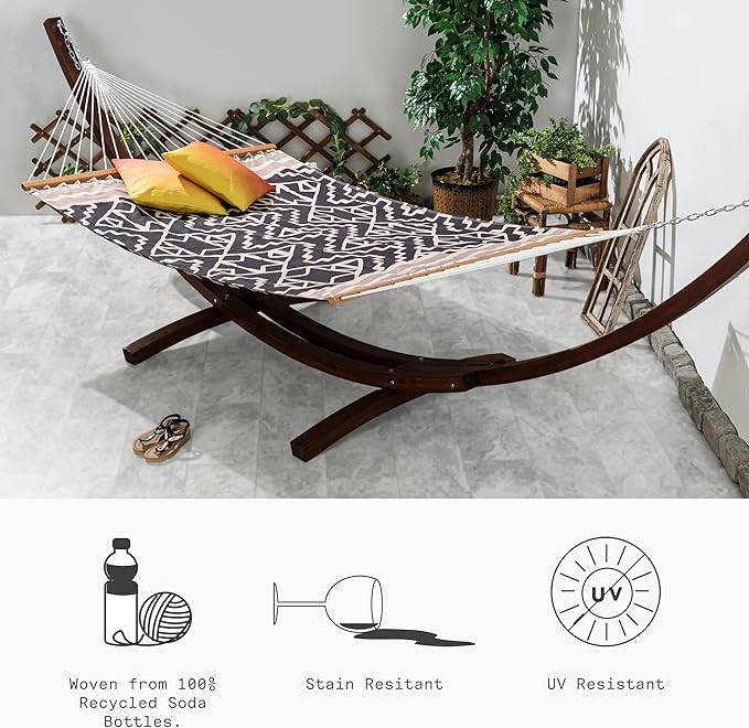 Fab Habitat Tribal Recycled Polyester Hammock - Kilimanjaro - Black - Indoor/Outdoor Quick Dry 2 Person 460 lbs Capacity - Patio Poolside Backyard Garden Beach Balcony - 12-14 ft Adjustable