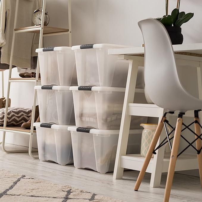 IRIS USA 32 Qt Stackable Plastic Storage Bins with Lids 6 Pack - BPA-Free Made in USA - Discreet Organizing Solution Latches Durable Nestable Containers Secure Pull Handle - Pearl