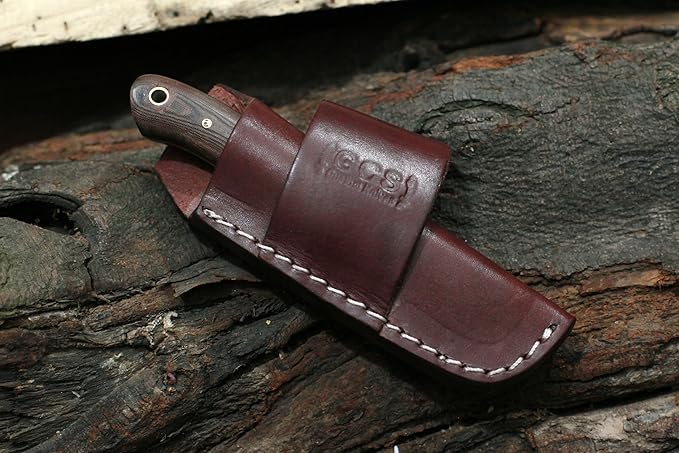 GCS Handmade D2 Tool Steel Custom Survival Hunting Skinning Camping Knife with Brown Leather Right Hand Front Cross Draw Fixed Blade Knife Sheath GCS264 (Black Micarta Handle No Bolster)