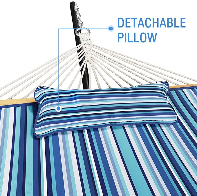 MUPATER 12FT Double Hammock with Stand Included 2 Person Outdoor Quilted Hammock with Stand Rope with Pad and Pillow para adultos Striped Blue