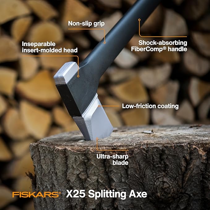 Fiskars X25 Splitting Axe 28 Wood Splitting Axe for Medium to Large Size Logs with Shock Absorbing Handle and Sheath Split Firewood Forged Steel Blade Bushcraft Gear and Camping Hatchet