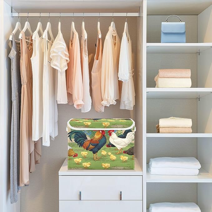 senya Baskets Collapsible Storage Bins with Lids Rooster Chick Flower Farm Storage Boxes Clothes Baskets for Organizing