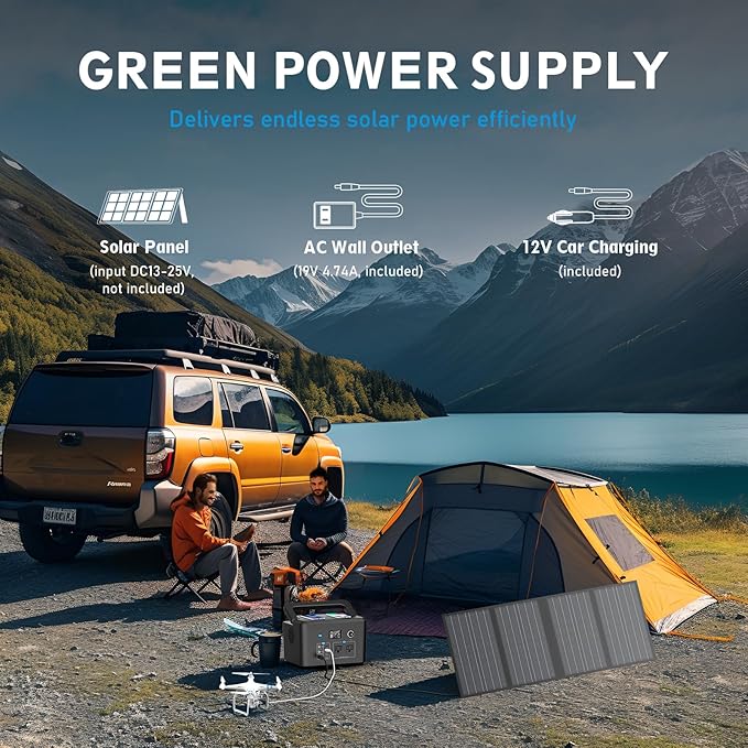 Portable Power Station 600W Powkey 296Wh Battery Backup with 2 Pure Sine Wave AC Outlets USB-C PD100W and 2 Wireless Chargers Solar Generator (Solar Panel Optional) for Outdoor Camping/RVs/Home Use