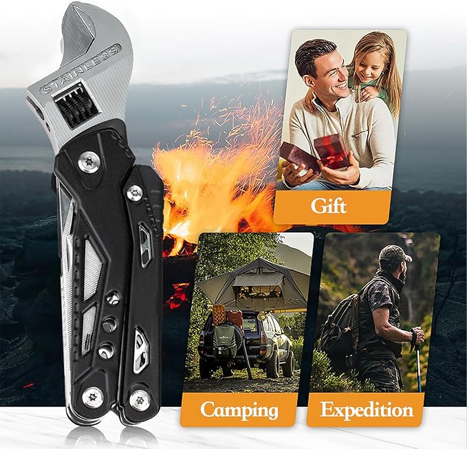 14-in-1 Adjustable Wrench Multitool EDC Compact Multi Tool with Pliers Knife Saw Screwdrivers 30Cr13 Stainless Steel Tool for Home Repair DIY Camping Hiking and Outdoor Use