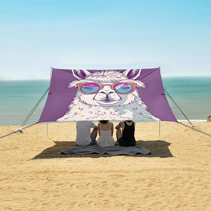 ALAZA Funny Llama Sunglasses Beach Tent Sun Shelter UPF50+ Protection Beach Shade Canopy w/ 4 Sandbags for Outdoor Camping Fishing Backyard Fun Picnic 10x9 ft