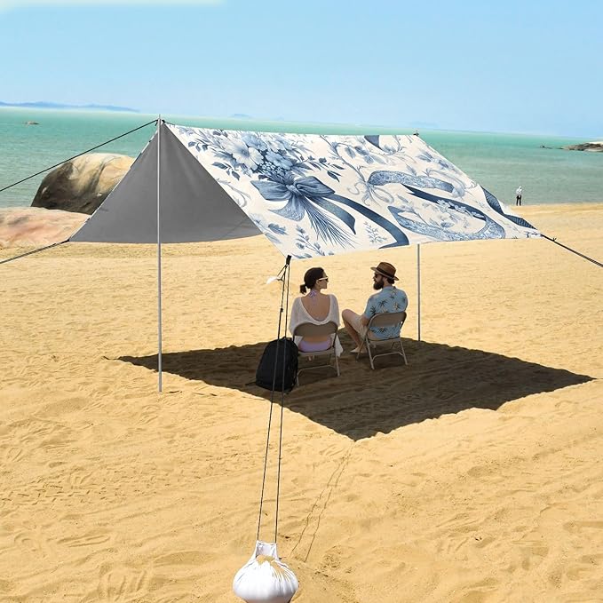 Elegant Ribbons Bows Beach Tent Sun Shelter Set UPF50+ UV Protection 10.5 x 9.19 FT Camping Shade Canopy with Sandbags Sand Anchors Carrying Bag and Others