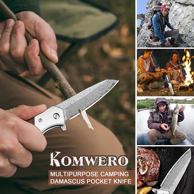 KOMWERO Damascus Pocket Knife with Clip Leather Sheath 3.14 inch Sharp Damascus Steel Knife with Rosewood Handle EDC Damascus Folding Knife for Men Women Camping Collection